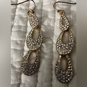 Rhinestone Pave Oval Gold Tone Dangle Earrings